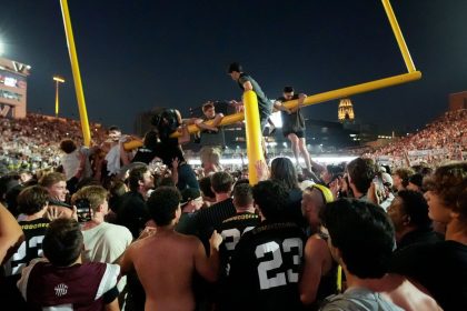 Vanderbilt fans tear down the goal post the after team's 40-35 win over No. 1 Alabama, Saturday, October 5, 2024, in Nashville, Tennessee.