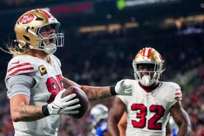 Tight end George Kittle (left) scored a fourth-quarter touchdown as the San Francisco 49ers beat the Seattle Seahawks on Thursday Night Football.