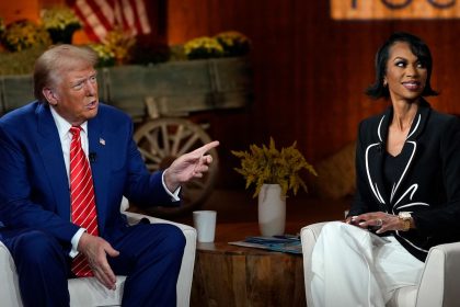 Republican presidential nominee, former President Donald Trump speaks during a break in a Fox News town hall with Harris Faulkner at The Reid Barn in Cumming, Georgia, on October 15, 2024,.