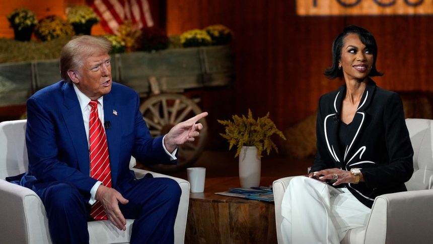 Republican presidential nominee, former President Donald Trump speaks during a break in a Fox News town hall with Harris Faulkner at The Reid Barn in Cumming, Georgia, on October 15, 2024,.