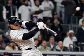 Yankees' center fielder Aaron Judge hits a two-run home run to extend the Yankees lead in Game 2 of the ALCS.