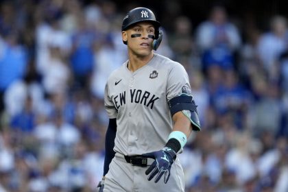 Aaron Judge reacts after striking out against the Los Angeles Dodgers in the first inning of Game 1.