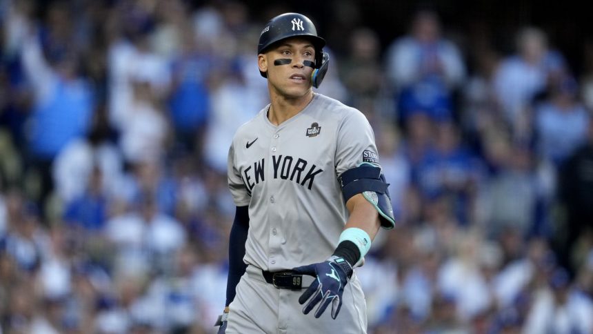 Aaron Judge reacts after striking out against the Los Angeles Dodgers in the first inning of Game 1.