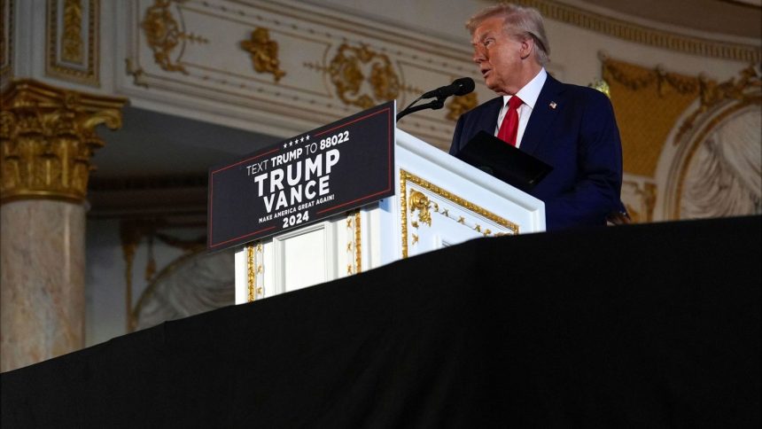 Republican presidential nominee former President Donald Trump speaks at his Mar-a-Lago estate, Tuesday, Oct. 29, 2024, in Palm Beach, Fla. (AP Photo/Julia Demaree Nikhinson)