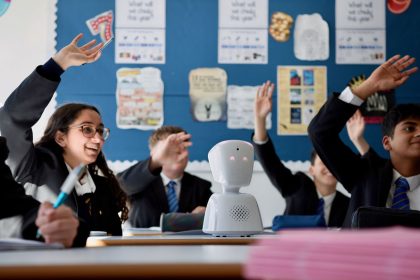 The AV1 robot in use at a UK school.