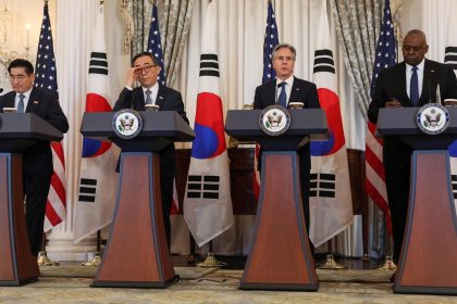 Secretary of State Antony Blinken and Defense Secretary Lloyd Austin hold a joint press conference with South Korean Foreign Minister Cho Tae-yul and Defense Minister Kim Yong-hyun during a 2+2 meeting, at the State Department in Washington, DC, on October 31.