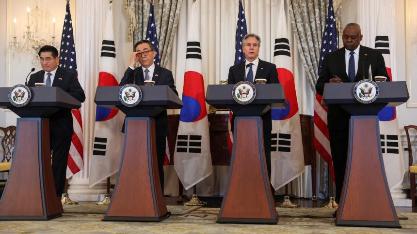 Secretary of State Antony Blinken and Defense Secretary Lloyd Austin hold a joint press conference with South Korean Foreign Minister Cho Tae-yul and Defense Minister Kim Yong-hyun during a 2+2 meeting, at the State Department in Washington, DC, on October 31.