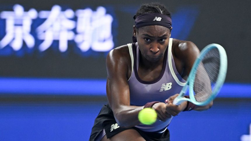 Coco Gauff of the United States compete in the Women's Singles Finals match against Karolina Muchova of the Czech Republic on Day14 at National Tennis Center on October 6, in Beijing.