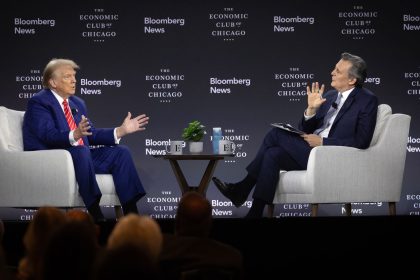 Former President Donald Trump Is interviewed by Bloomberg News Editor-in-Chief John Micklethwait during a luncheon hosted by the Economic Club of Chicago on October 15 in Chicago.