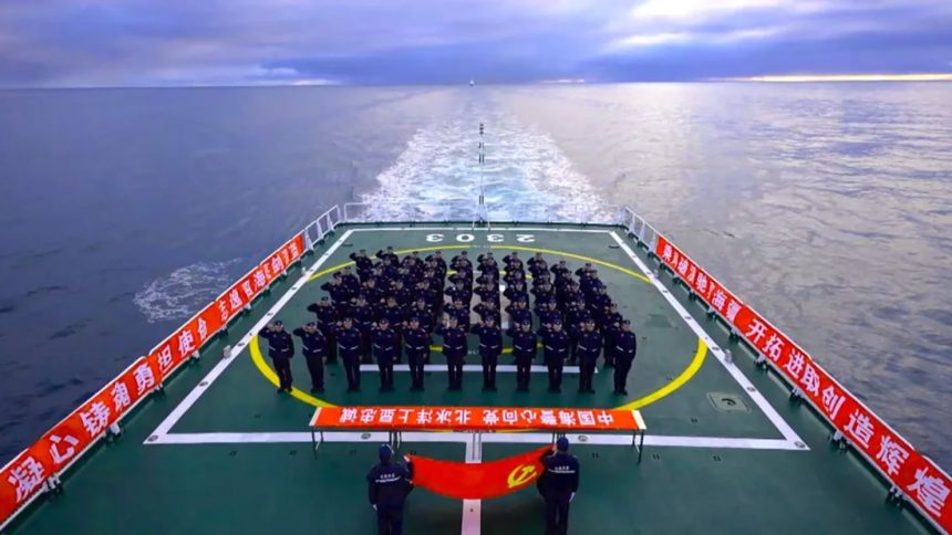 Members of the China Coast Guard stand in formation during a joint patrol with Russia that China says entered the Arctic Ocean.