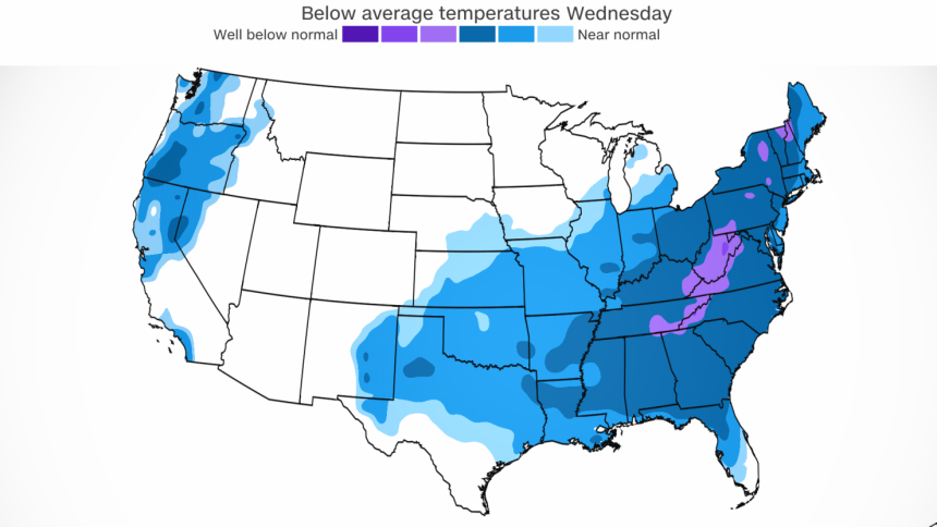 November-like temperatures are likely over a large portion of the US Wednesday.