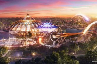 Celestial Park, shown in a rendering, will serve as the main entry point for Epic Universe, which is set to open on May 22, 2025.