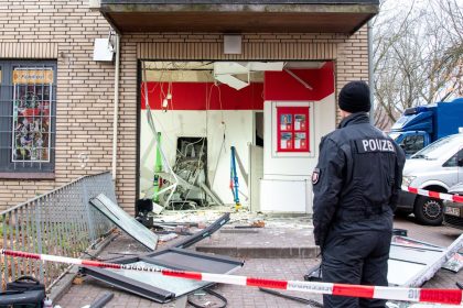 A bank branch with a blown-up ATM in Neuschönningstedt, Germany on November 14, 2022.