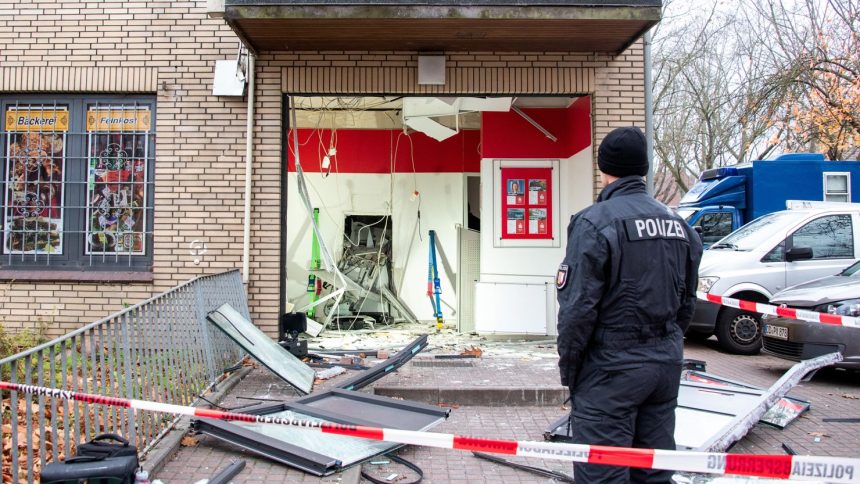 A bank branch with a blown-up ATM in Neuschönningstedt, Germany on November 14, 2022.