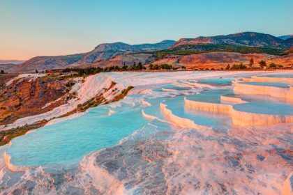 Cloud castle: Formed from natural calcites left behind by geothermal waters, the Travertine slopes at Pamukkale in southwestern Turkey are a dazzling tourist attraction