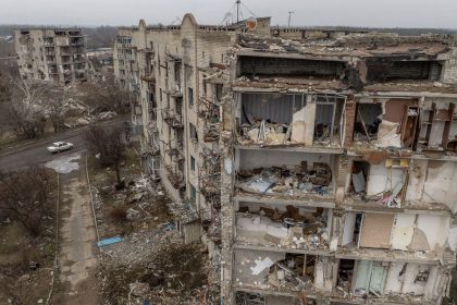 TOPSHOT - This aerial photograph taken on February 1, 2024, shows residential buildings destroyed by shelling in Izyum, Kharkiv region, amid the Russian invasion of Ukraine. (Photo by Roman PILIPEY / AFP) (Photo by ROMAN PILIPEY/AFP via Getty Images)