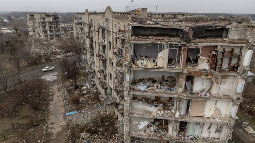 TOPSHOT - This aerial photograph taken on February 1, 2024, shows residential buildings destroyed by shelling in Izyum, Kharkiv region, amid the Russian invasion of Ukraine. (Photo by Roman PILIPEY / AFP) (Photo by ROMAN PILIPEY/AFP via Getty Images)