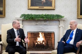 US President Joe Biden meets with German Chancellor Olaf Scholz in the Oval Office of the White House in Washington, DC, February 9, 2024.