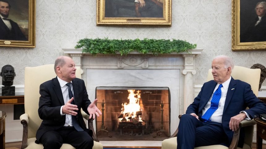 US President Joe Biden meets with German Chancellor Olaf Scholz in the Oval Office of the White House in Washington, DC, February 9, 2024.