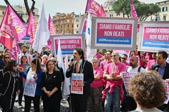 Marco Cappato, an Italian former member of the European Parliament, delivers a speech during a gathering organized by families and LGBTQ associations to support surrogacy at Torre Argentina Square in Rome, on April 5, 2024.