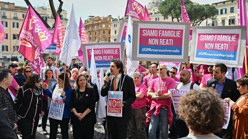 Marco Cappato, an Italian former member of the European Parliament, delivers a speech during a gathering organized by families and LGBTQ associations to support surrogacy at Torre Argentina Square in Rome, on April 5, 2024.