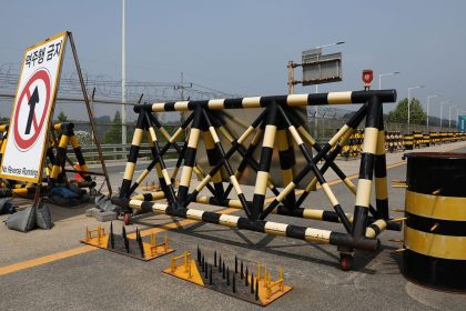 Barricades are placed near the Unification Bridge leading to Panmunjom in the Demilitarized Zone (DMZ) on June 11, 2024 in Paju, South Korea.