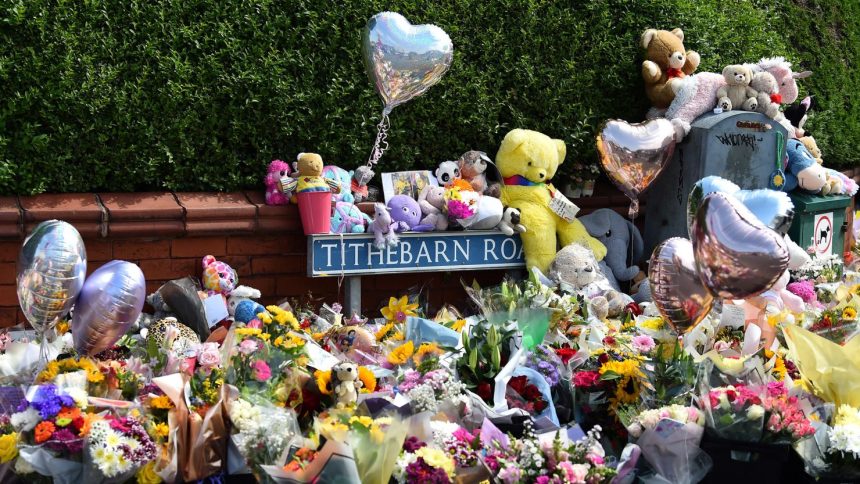 Floral tributes were left for the victims following the deadly knife attack in Southport, northwest England, on July 29, 2024.