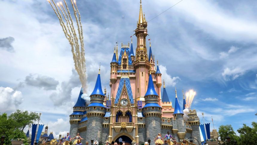 Daytime fireworks launch over Cinderella Castle in the Magic Kingdom at Walt Disney World on April 30, 2024.