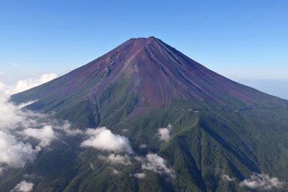 This aerial view shows Mt. Fuji, Japan's highest mountain, seen from the Yamanashi prefectural side on August 10, 2024.