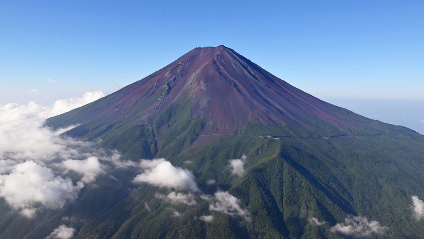 This aerial view shows Mt. Fuji, Japan's highest mountain, seen from the Yamanashi prefectural side on August 10, 2024.