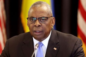 Secretary of Defense Lloyd Austin speaks at a Ukraine Defense Contact Group meeting on September 6, 2024, at the Ramstein Air Base in Germany.