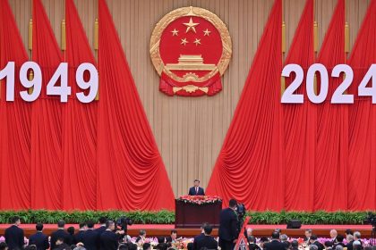 Chinese leader Xi Jinping speaks during a National Day reception on the eve of the 75th anniversary of the People's Republic of China at the Great Hall of the People in Beijing on September 30, 2024.