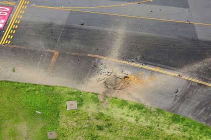 A crater from the explosion at Miyazaki Airport