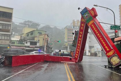 A damaged wooden archway due to strong winds from Typhoon Krathon in Kaohsiung, Taiwan, on October 3, 2024.