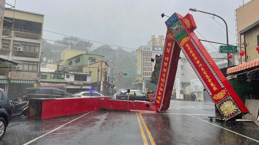 A damaged wooden archway due to strong winds from Typhoon Krathon in Kaohsiung, Taiwan, on October 3, 2024.