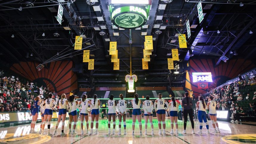 The San Jose State University Spartans line up for the playing of the national anthem before a game against the Colorado State University Rams in October.