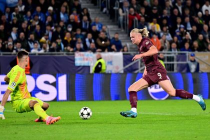 Erling Haaland scores for Manchester City against Slovan Bratislava on Tuesday.