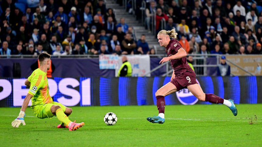 Erling Haaland scores for Manchester City against Slovan Bratislava on Tuesday.