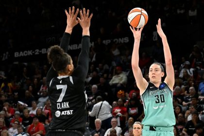 The New York Liberty's Breanna Stewart shoots the ball during the game against the Las Vegas Aces.