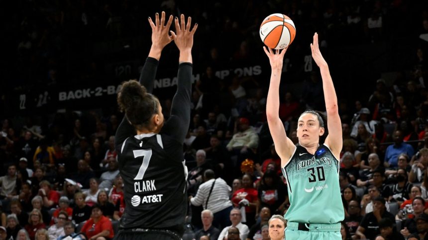 The New York Liberty's Breanna Stewart shoots the ball during the game against the Las Vegas Aces.