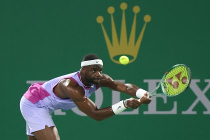 Frances Tiafoe plays a backhand against Roman Safiullin in the third round of the Shanghai Masters.