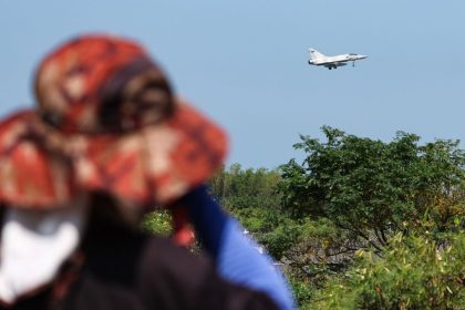 TOPSHOT - A Taiwanese Air Force Mirage 2000 fighter jet prepares to land at an air force base in Hsinchu on October 14, 2024. China deployed planes and ships to encircle Taiwan on October 14, in drills Beijing said were aimed at sending a "stern warning" to "separatist" forces on the self-ruled island. (Photo by I-Hwa CHENG / AFP) (Photo by I-HWA CHENG/AFP via Getty Images)