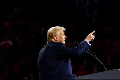 Republican presidential nominee former President Donald Trump delivers remarks at a campaign rally in Reading, Pennsylvania, on October 09, 2024.