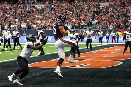 Chicago Bears tight end Cole Kmet catches a touchdown pass at London's Tottenham Hotspur Stadium.