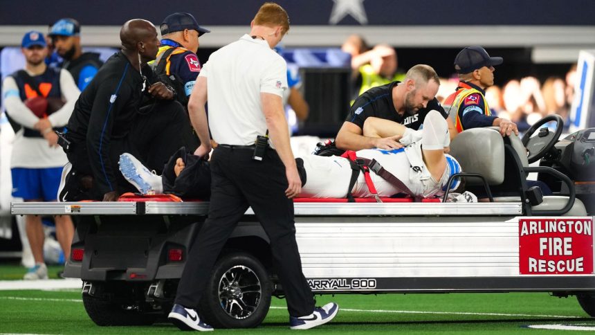 Detroit Lions star pass rusher Aidan Hutchinson was carted off the field after suffering a leg injury against the Dallas Cowboys at AT&T Stadium in Arlington, Texas.