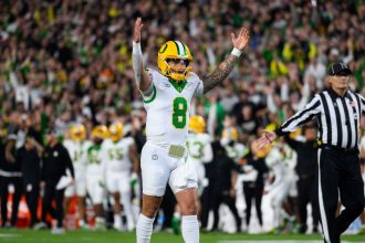 WEST LAFAYETTE, IN - OCTOBER 18: Oregon Ducks quarterback Dillon Gabriel (8) celebrates a touchdown during the college football game between the Purdue Boilermakers and Oregon Ducks on October 18, 2024, at Ross-Ade Stadium in West Lafayette, IN. (Photo by Zach Bolinger/Icon Sportswire via Getty Images)