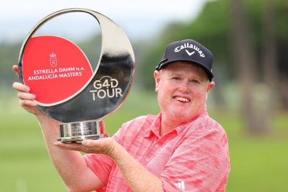 Australia's Steven Alderson celebrates after winning the Estrella Damm NA Andalucía Masters, an event on the G4D Tour, at the Real Club de Golf Sotogrande in Spain.