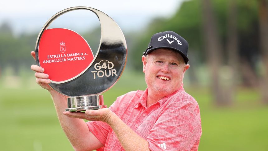 Australia's Steven Alderson celebrates after winning the Estrella Damm NA Andalucía Masters, an event on the G4D Tour, at the Real Club de Golf Sotogrande in Spain.