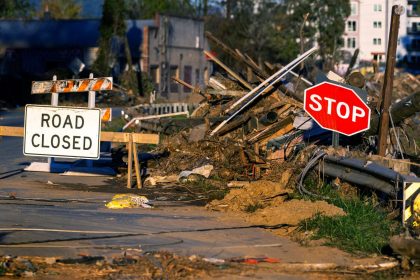 Debris covers a closed street near the Swannanoa River in Asheville, North Carolina, on October 20, 2024, as clean-up efforts continue after Hurricane Helene devastated the area.