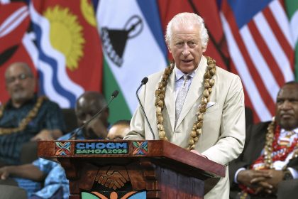 Britain's King Charles III delivers a speech during the opening ceremony for the Commonwealth Heads of Government Meeting in Apia, Samoa, on October 25.